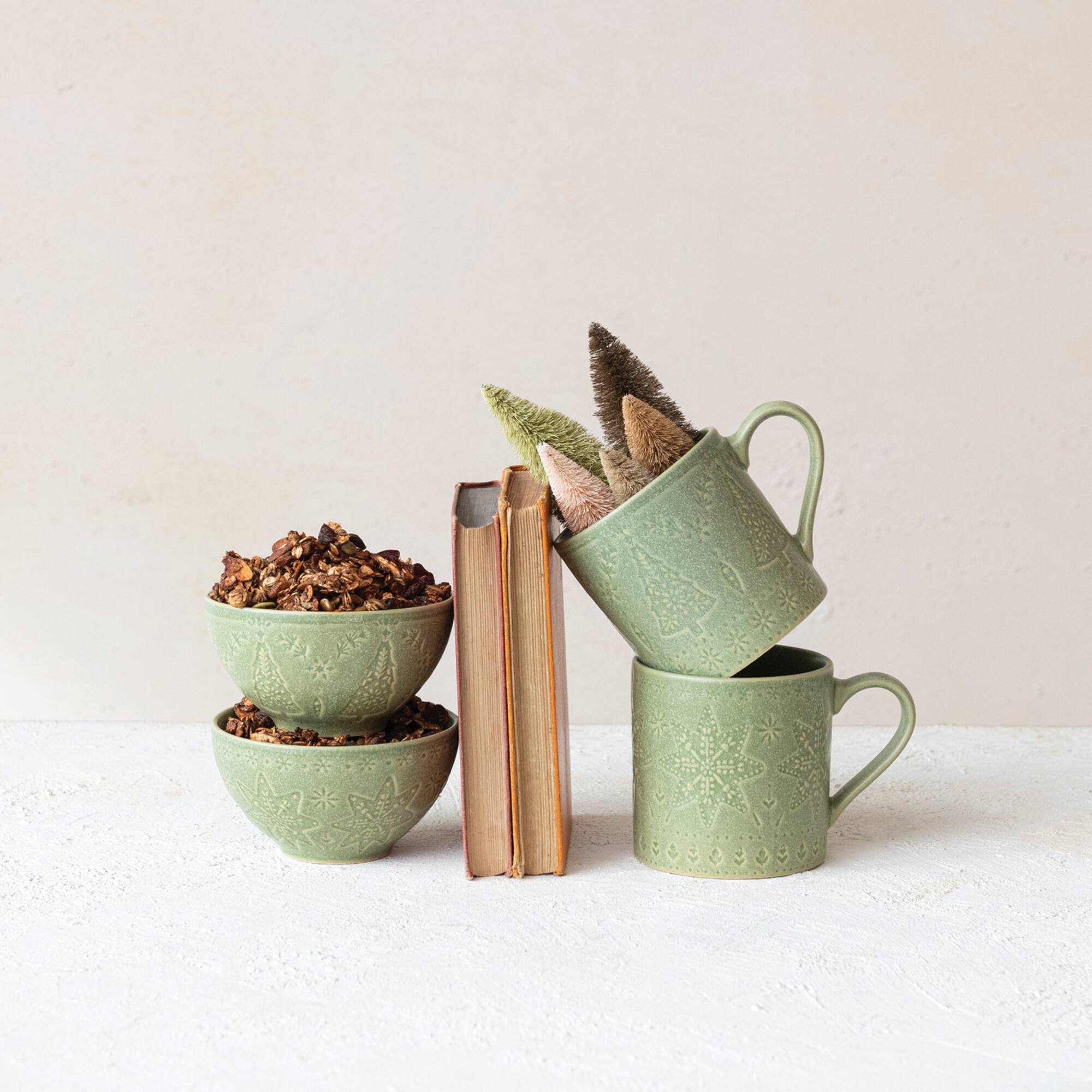 Hello Honey® 5" Matte Green Reactive Glaze Debossed Tree & Snowflake Stoneware Bowls, 6ct.